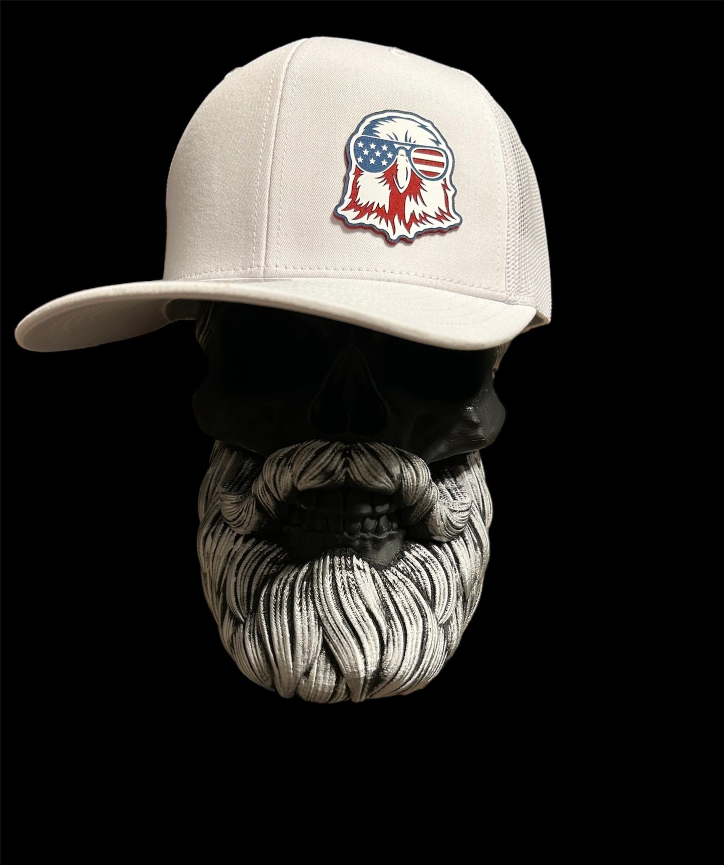 White Richardson 112 trucker hat with acrylic American Eagle Patch