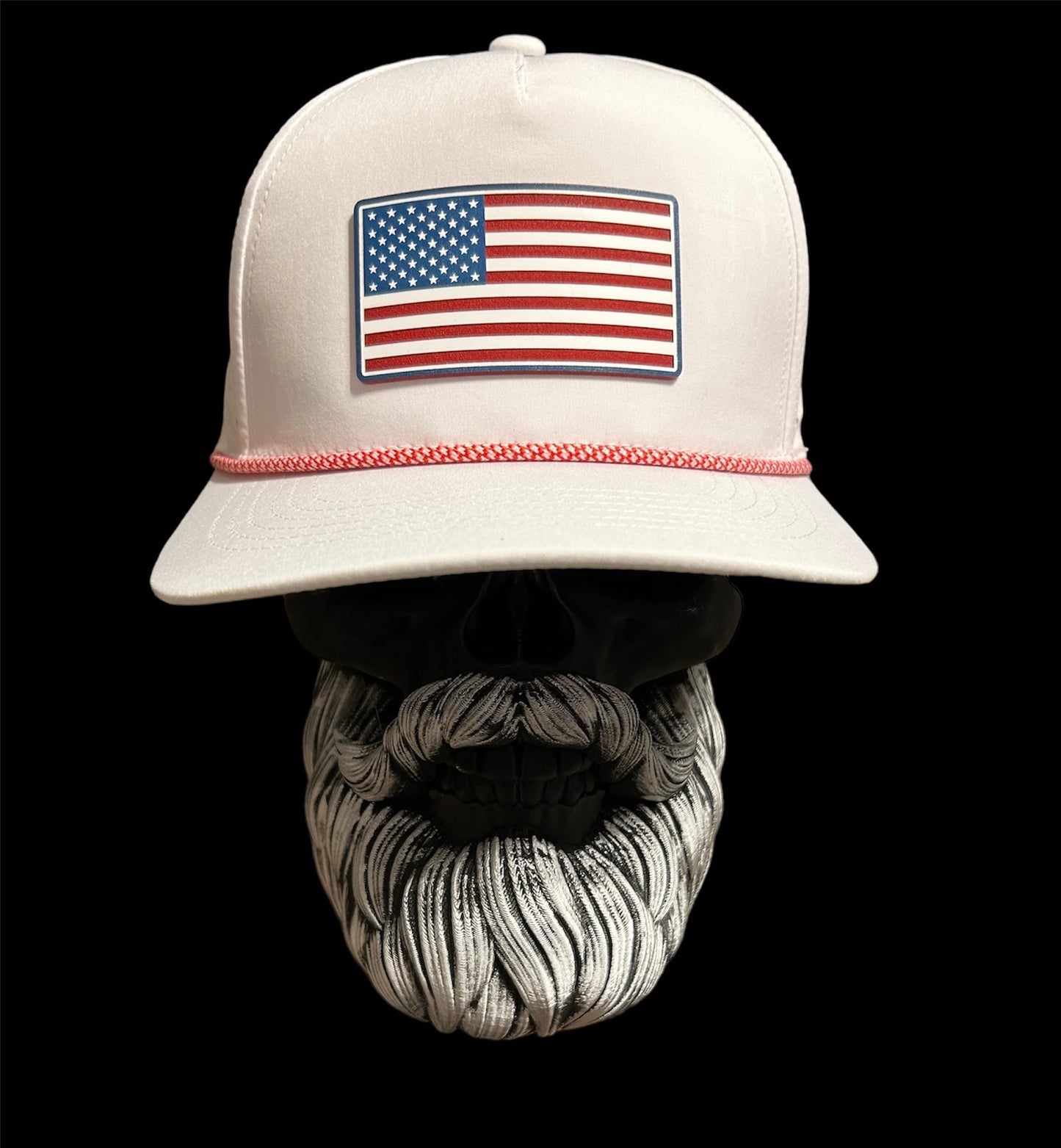 American flag on a white hydro performance hat with red rope