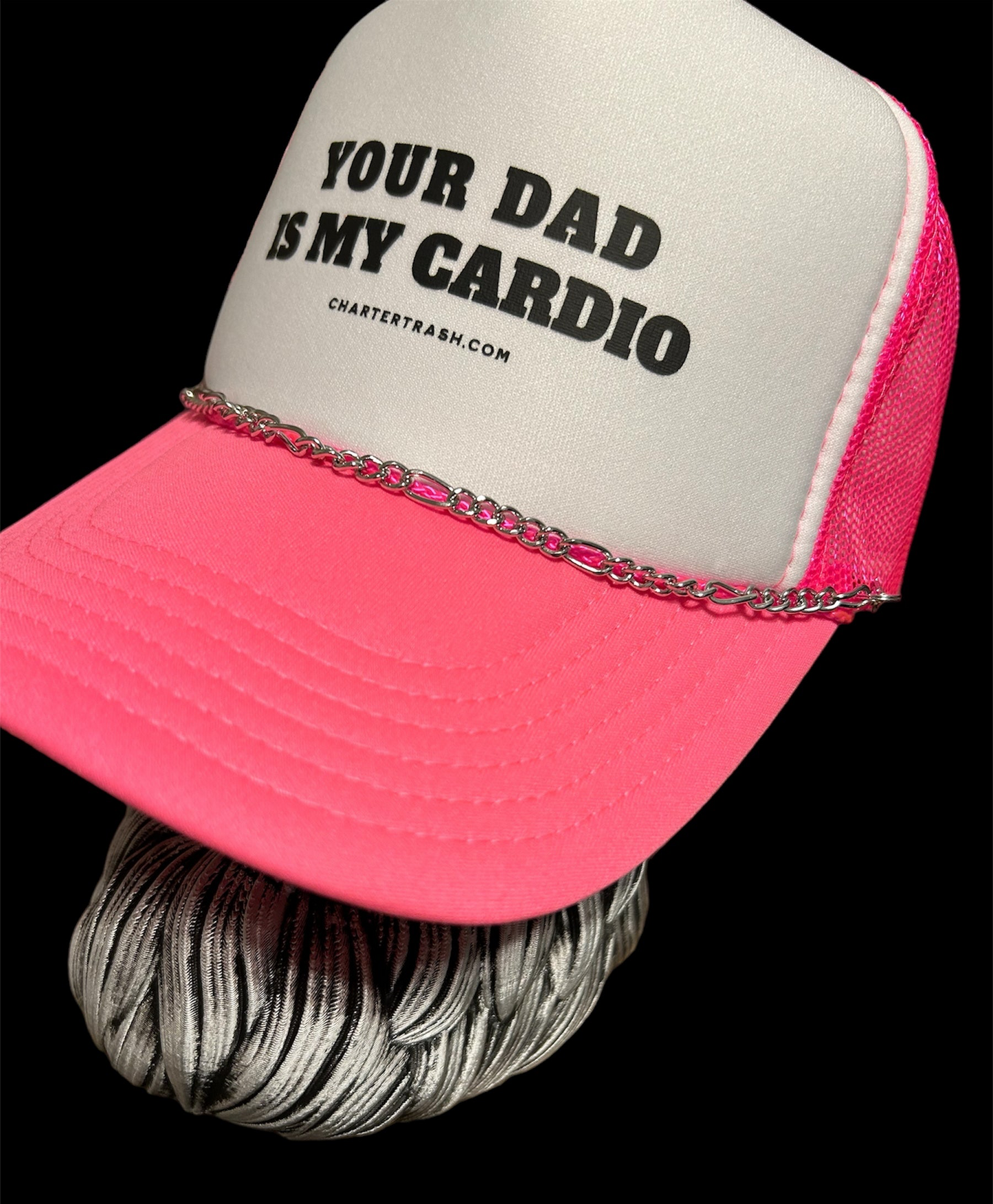 Your dad is my cardio OTTO Pink & white foam front trucker hat WITH CHAIN