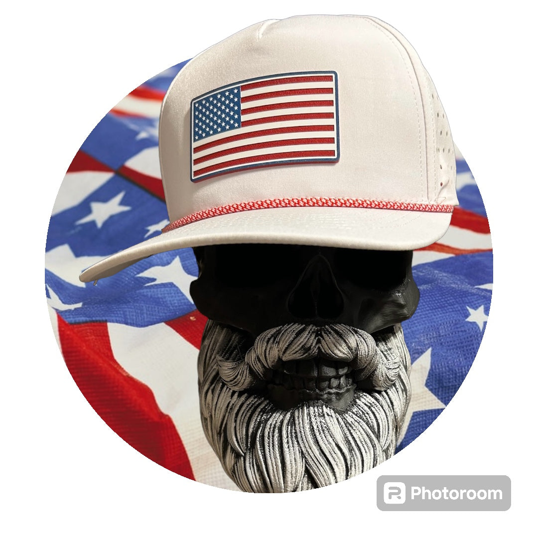 American flag on a white hydro performance hat with red rope