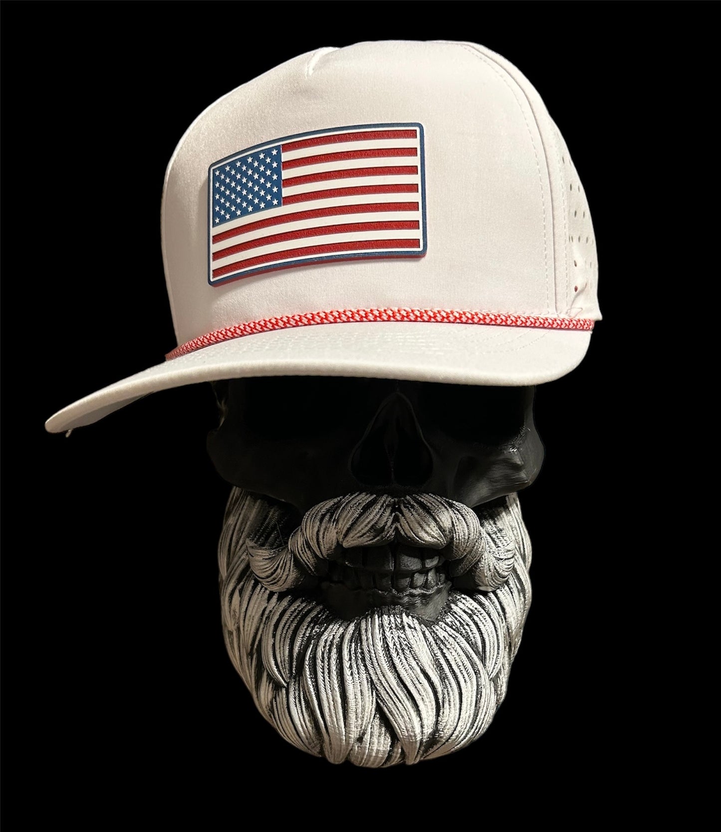 American flag on a white hydro performance hat with red rope