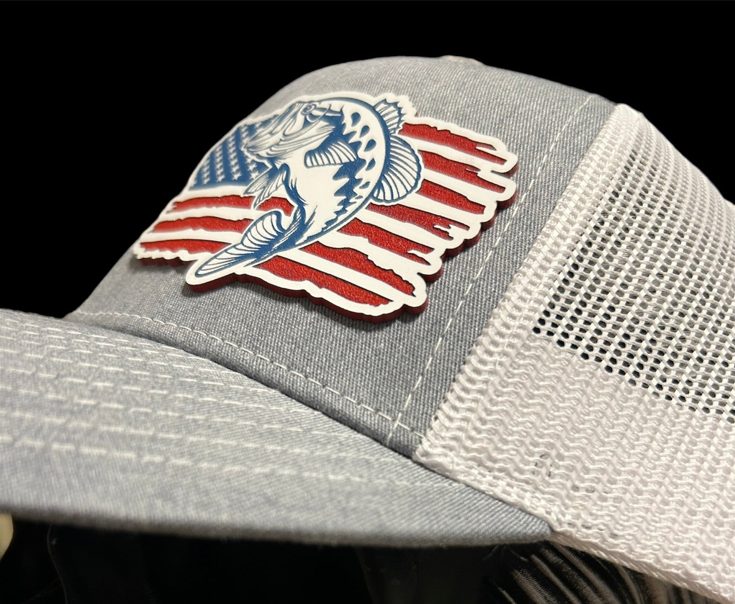 Richardson 112 grey & white trucker hat with american flag with bass patch hat