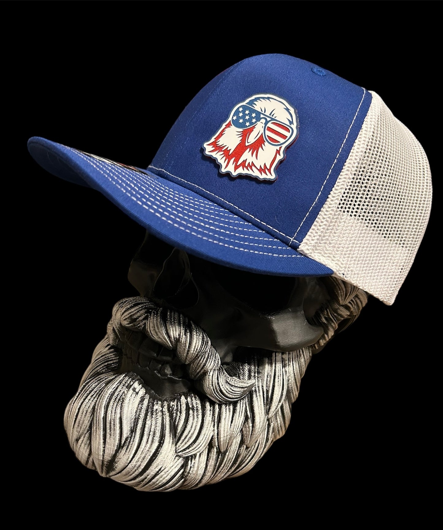 Royal Blue & White Richardson 112 trucker hat with acrylic American Eagle Patch