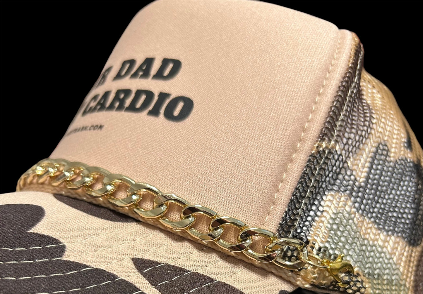 Your Dad is My Cardio, Tan camo foam front trucker rope hat WITH CHAIN