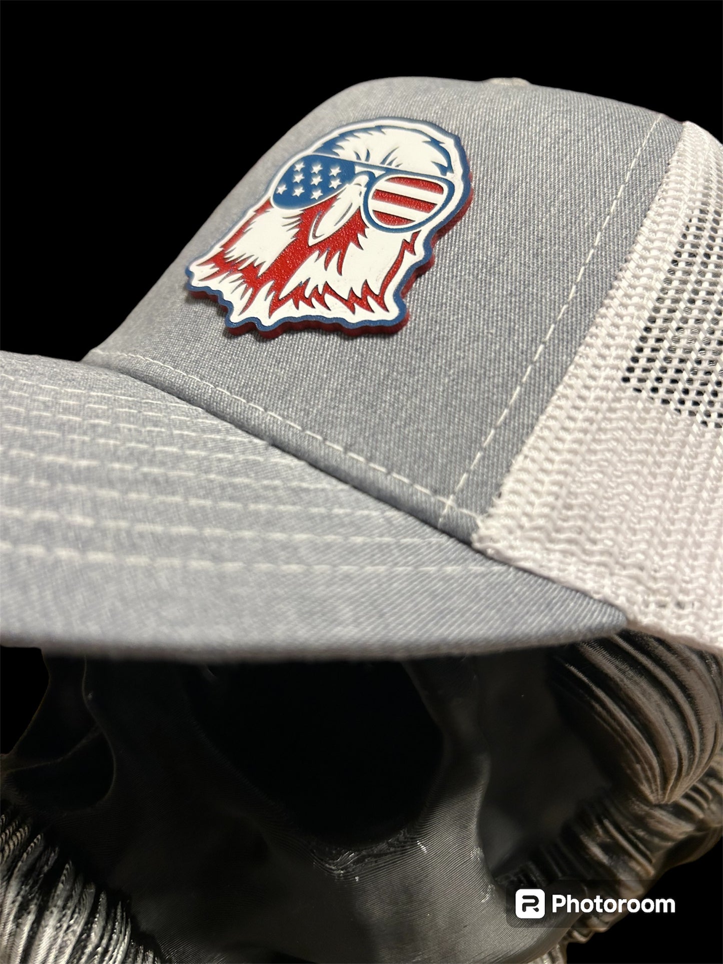 Richardson 112 Grey and White trucker hat with acrylic American Eagle Patch