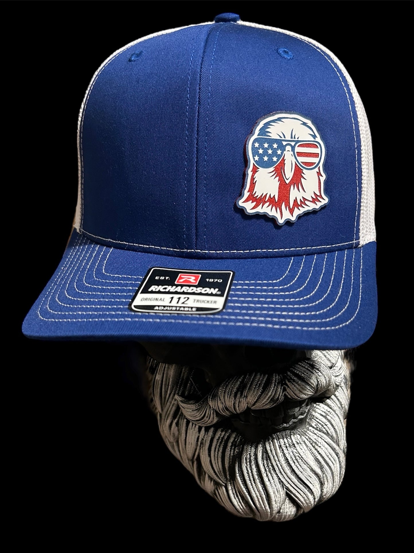 Royal Blue & White Richardson 112 trucker hat with acrylic American Eagle Patch