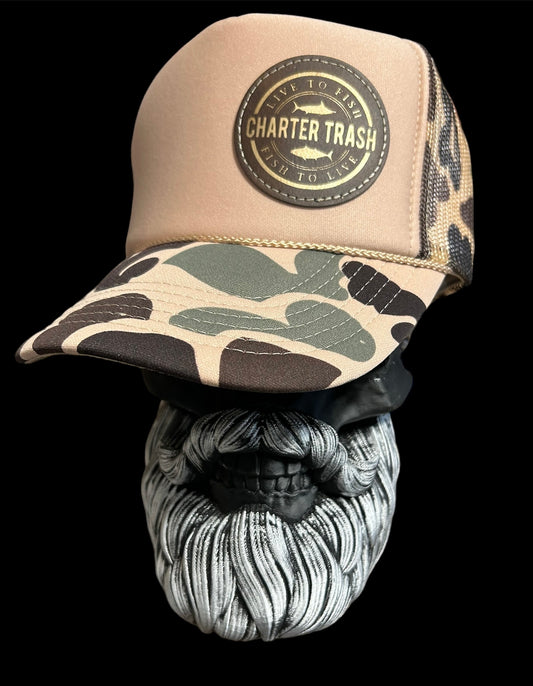 Tan camo foam front trucker rope hat with brown & gold OG logo patch.