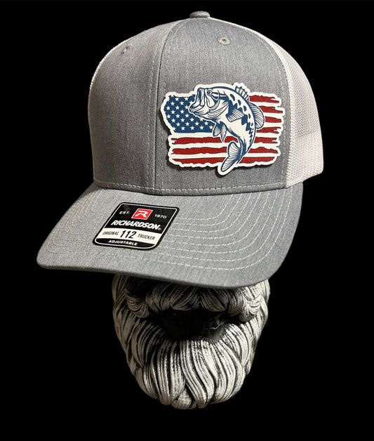 Richardson 112 grey & white trucker hat with american flag with bass patch hat