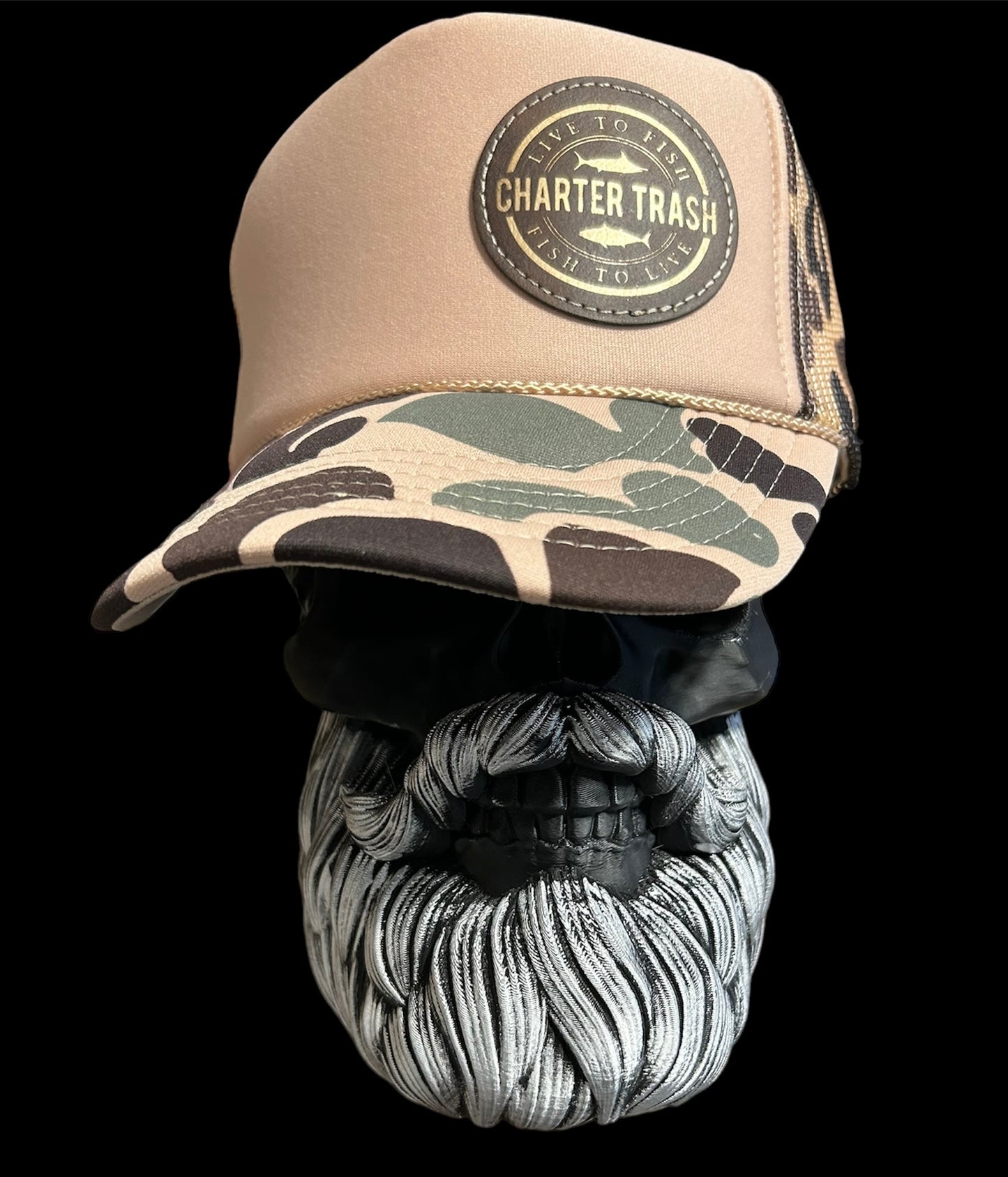 Tan camo foam front trucker rope hat with brown & gold OG logo patch.