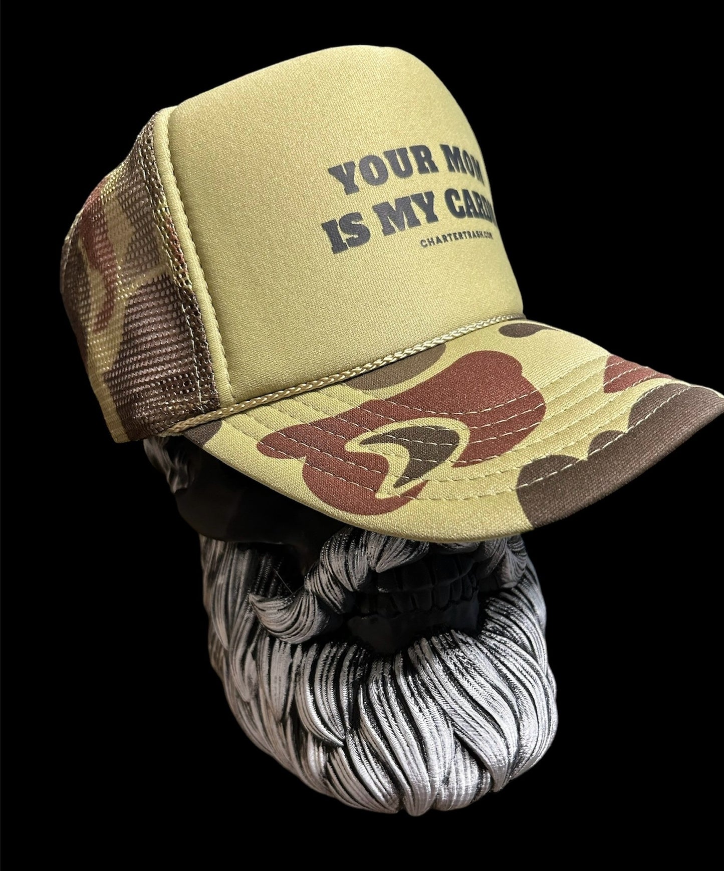 Your Mom is My Cardio, old school green camo foam front trucker rope hat