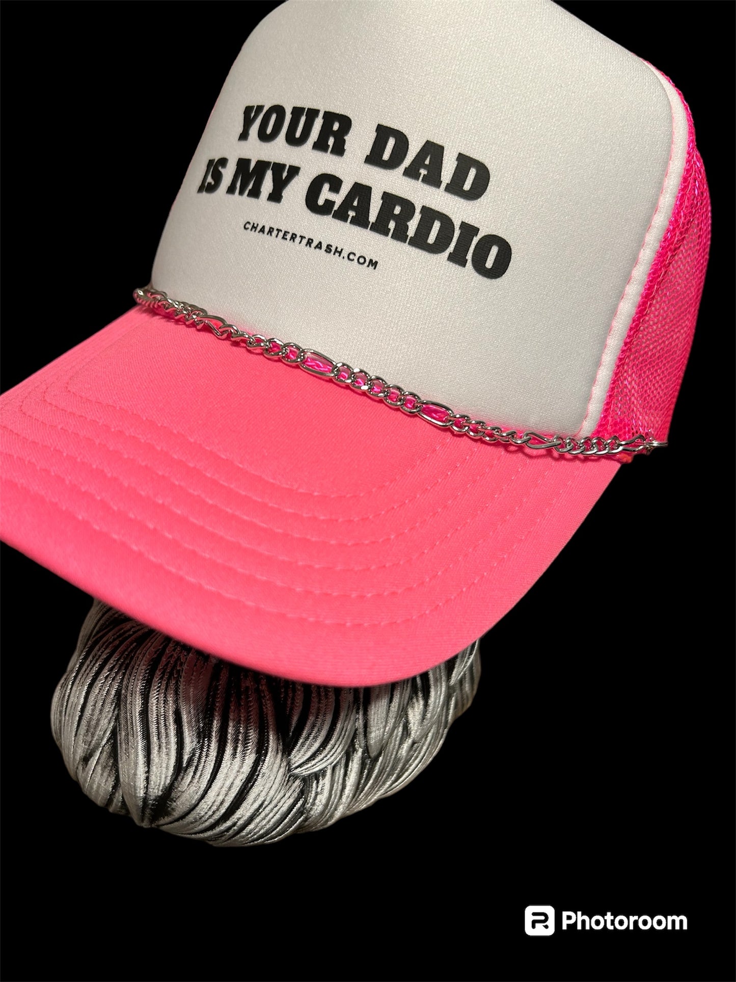 Your dad is my cardio OTTO Pink & white foam front trucker hat WITH CHAIN