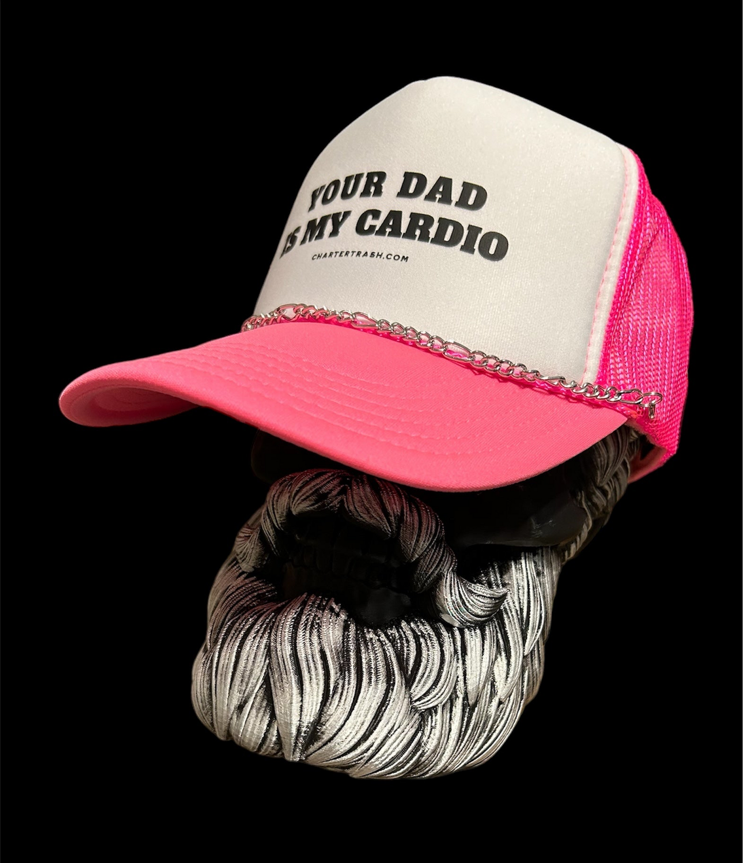 Your dad is my cardio OTTO Pink & white foam front trucker hat WITH CHAIN