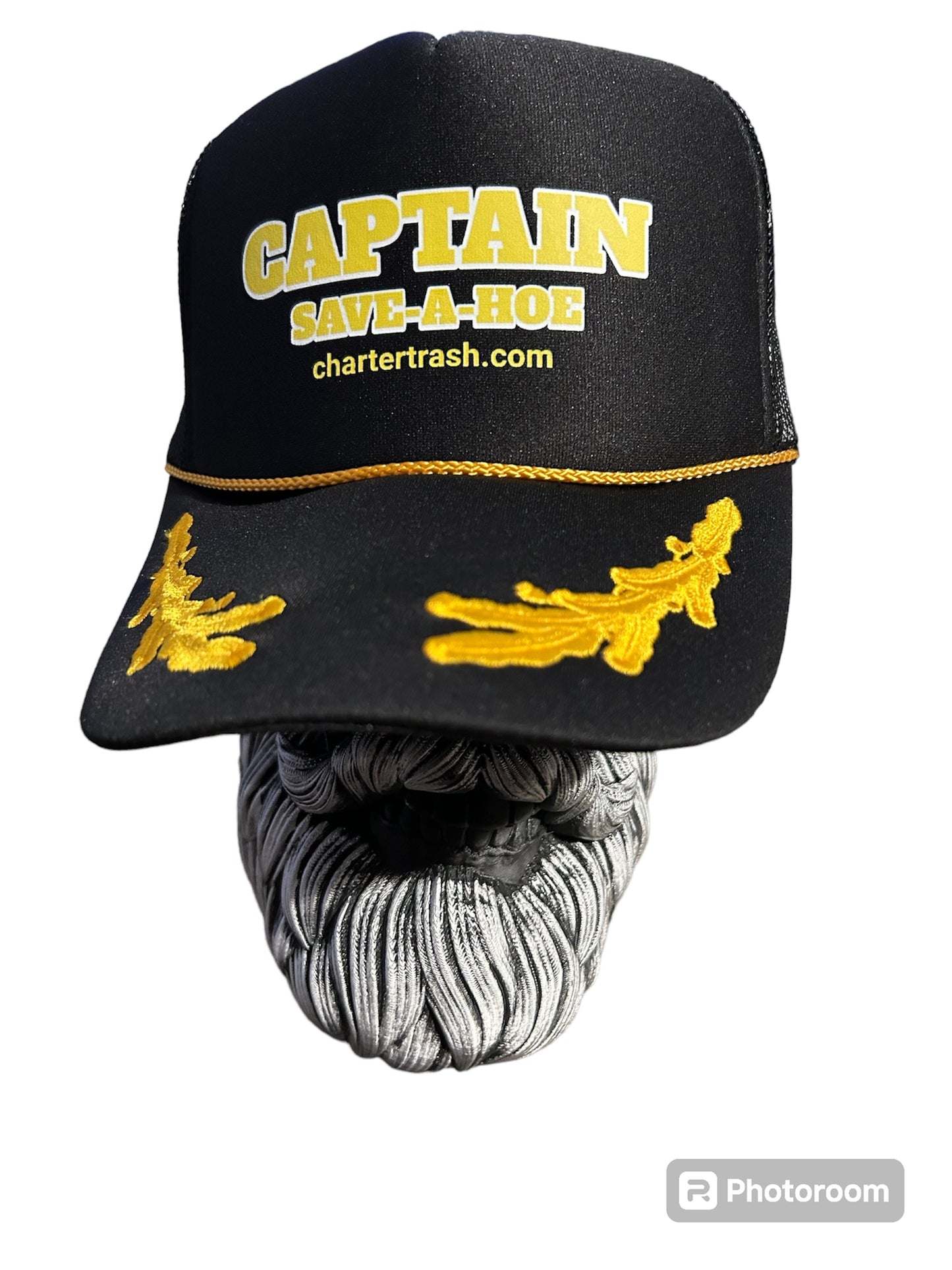 Captain Save-A-Hoe Black OTTO foam front trucker hat with gold rope and embroidered gold leaf