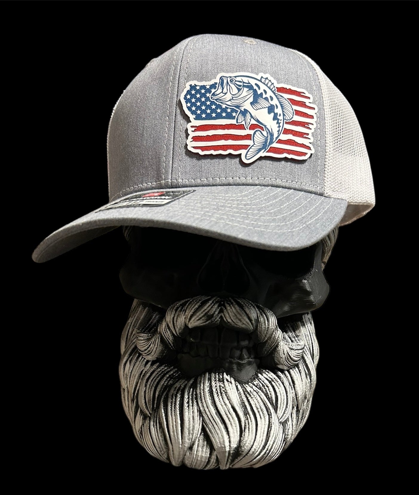 Richardson 112 grey & white trucker hat with american flag with bass patch hat