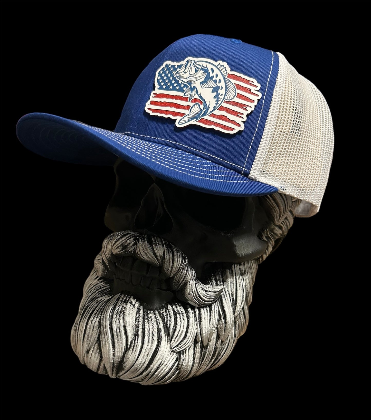 Richardson 112 Royal Blue & White trucker hat with american flag with bass patch hat