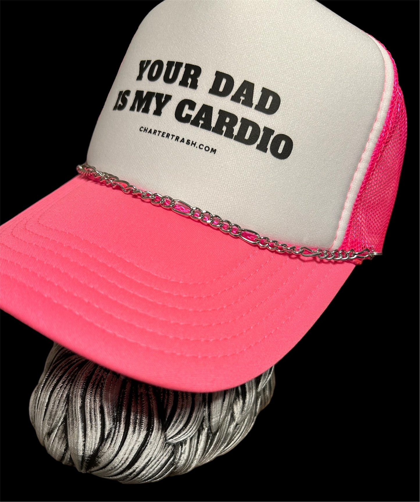 Your dad is my cardio OTTO Pink & white foam front trucker hat WITH CHAIN