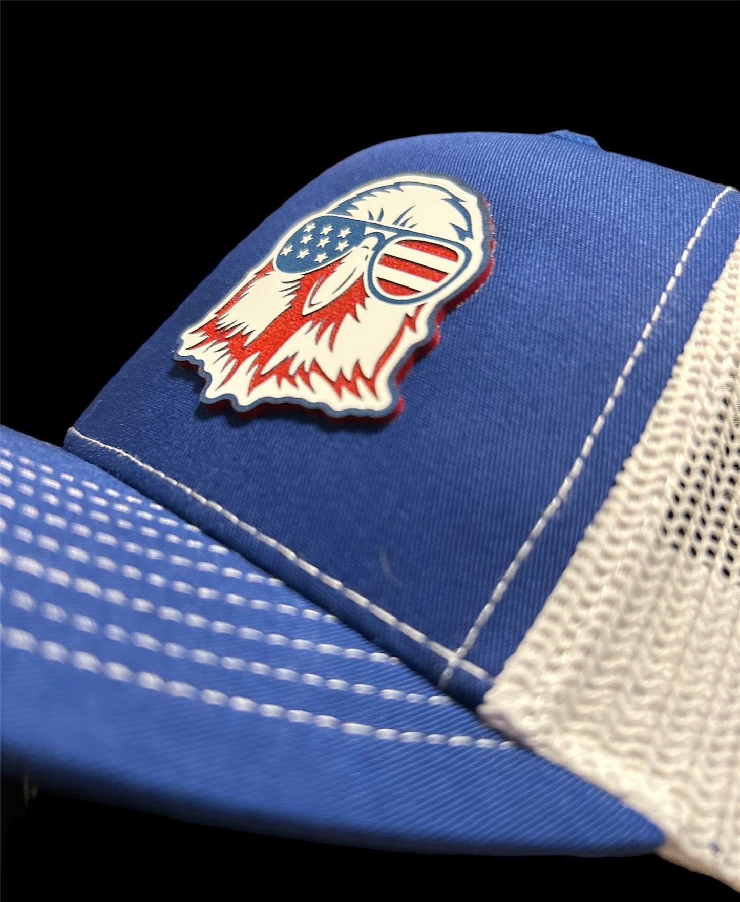 Royal Blue & White Richardson 112 trucker hat with acrylic American Eagle Patch