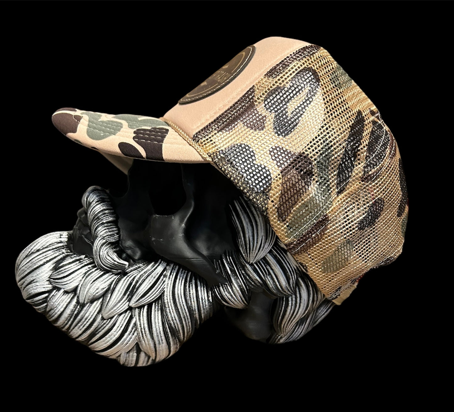 Tan camo foam front trucker rope hat with brown & gold OG logo patch.