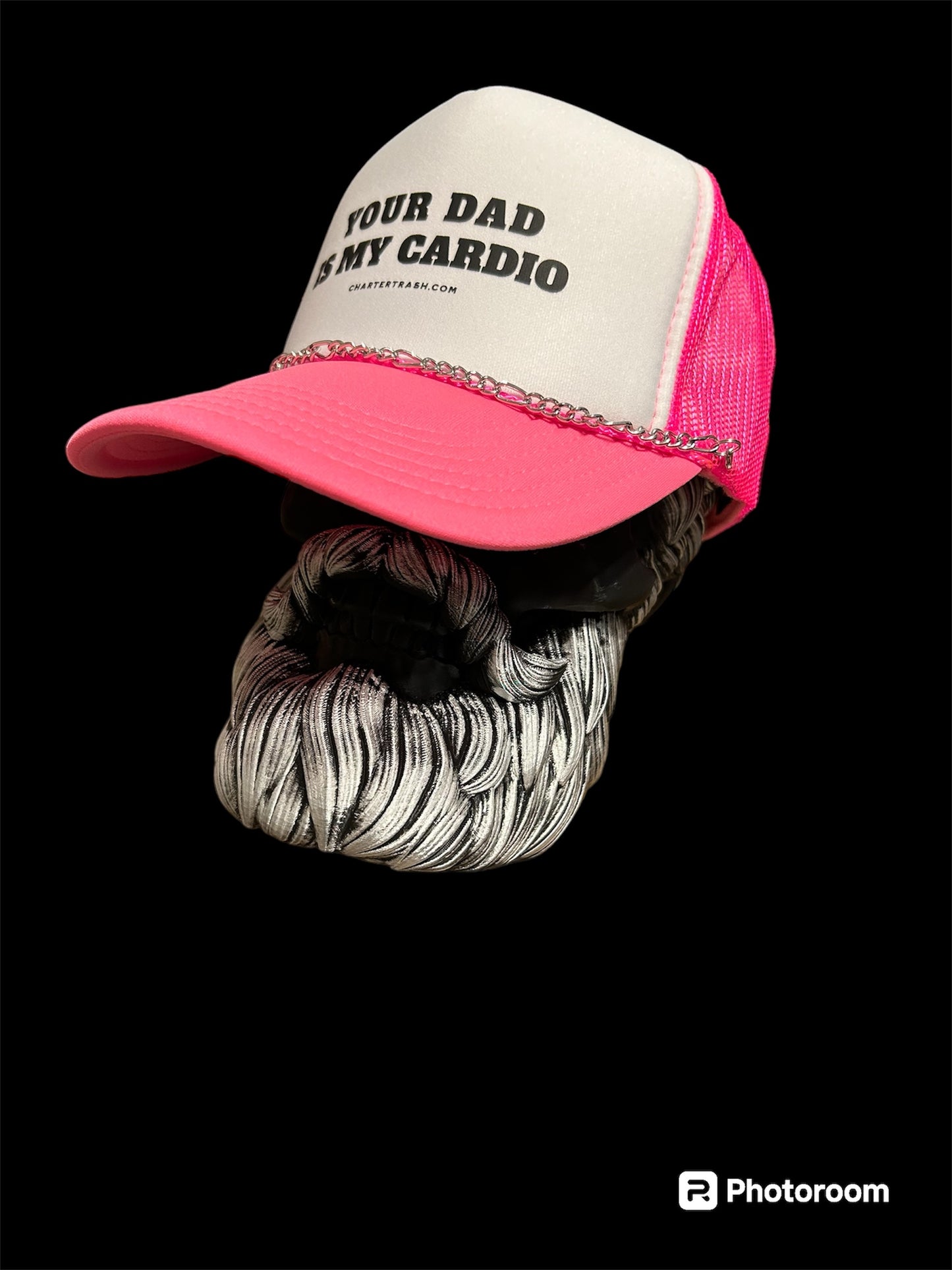 Your dad is my cardio OTTO Pink & white foam front trucker hat WITH CHAIN