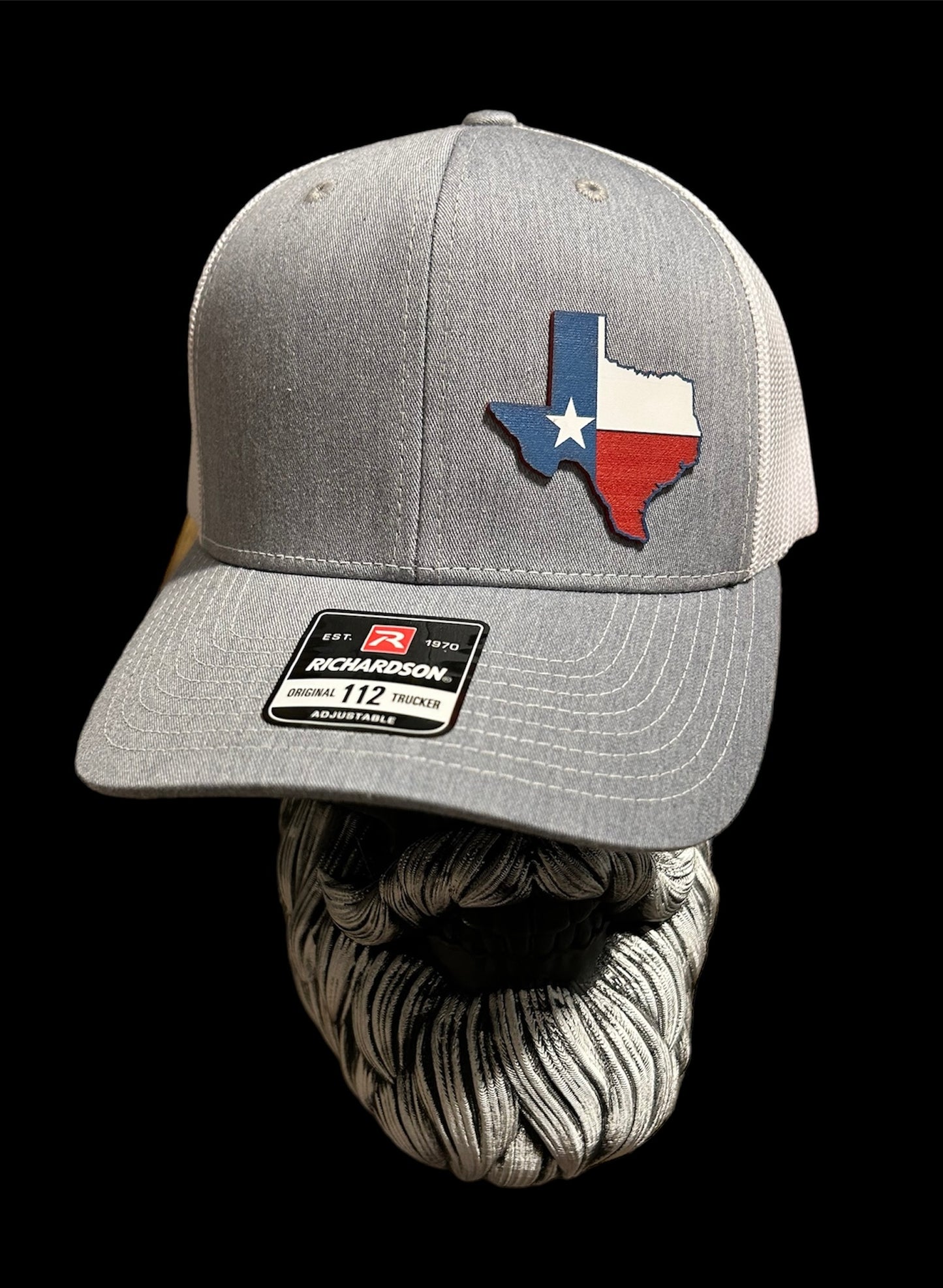 Richardson 112 Grey & White trucker hat with acrylic Texas Patch