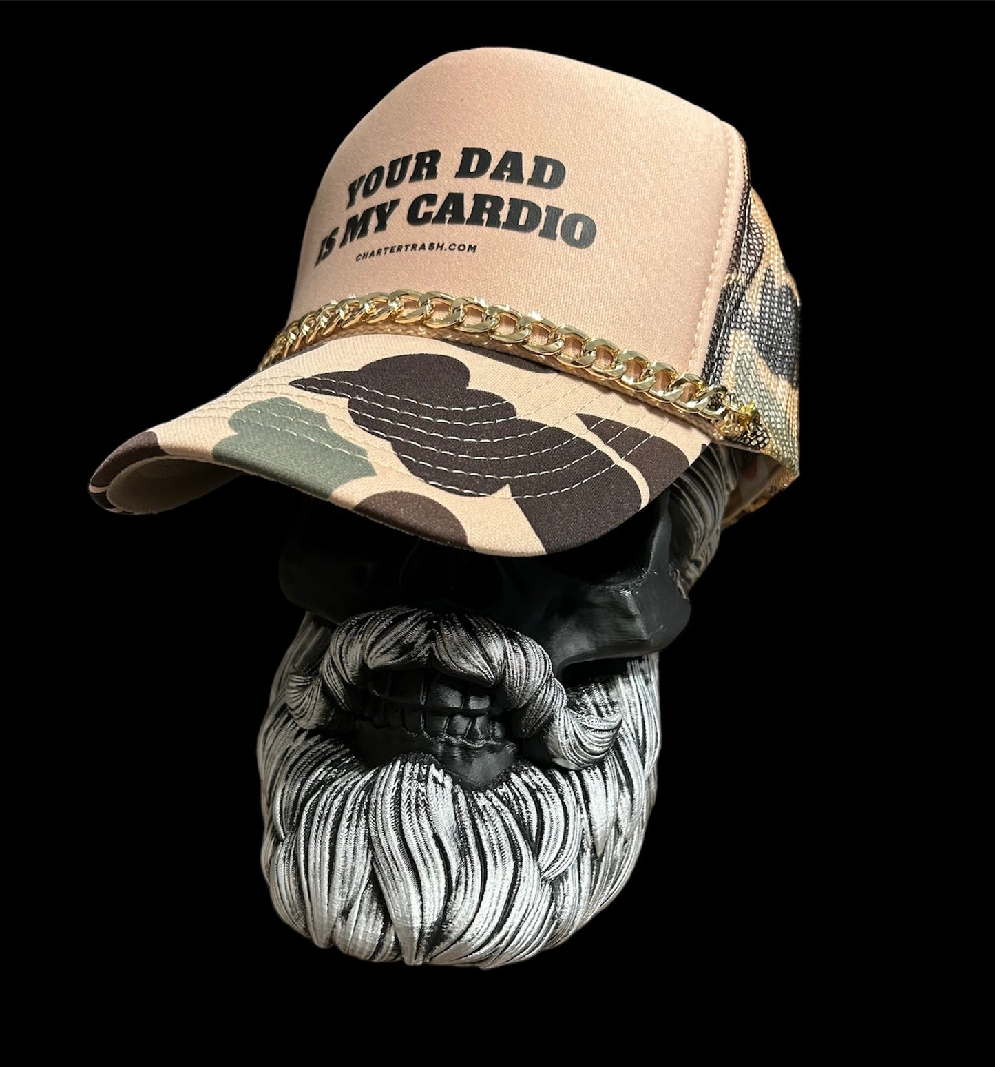 Your Dad is My Cardio, Tan camo foam front trucker rope hat WITH CHAIN