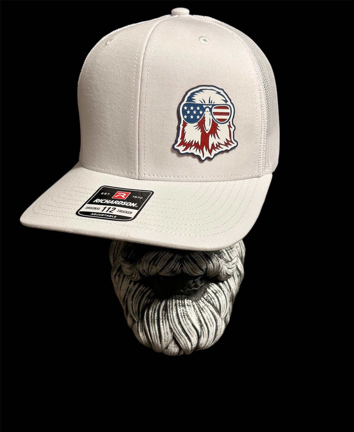 White Richardson 112 trucker hat with acrylic American Eagle Patch