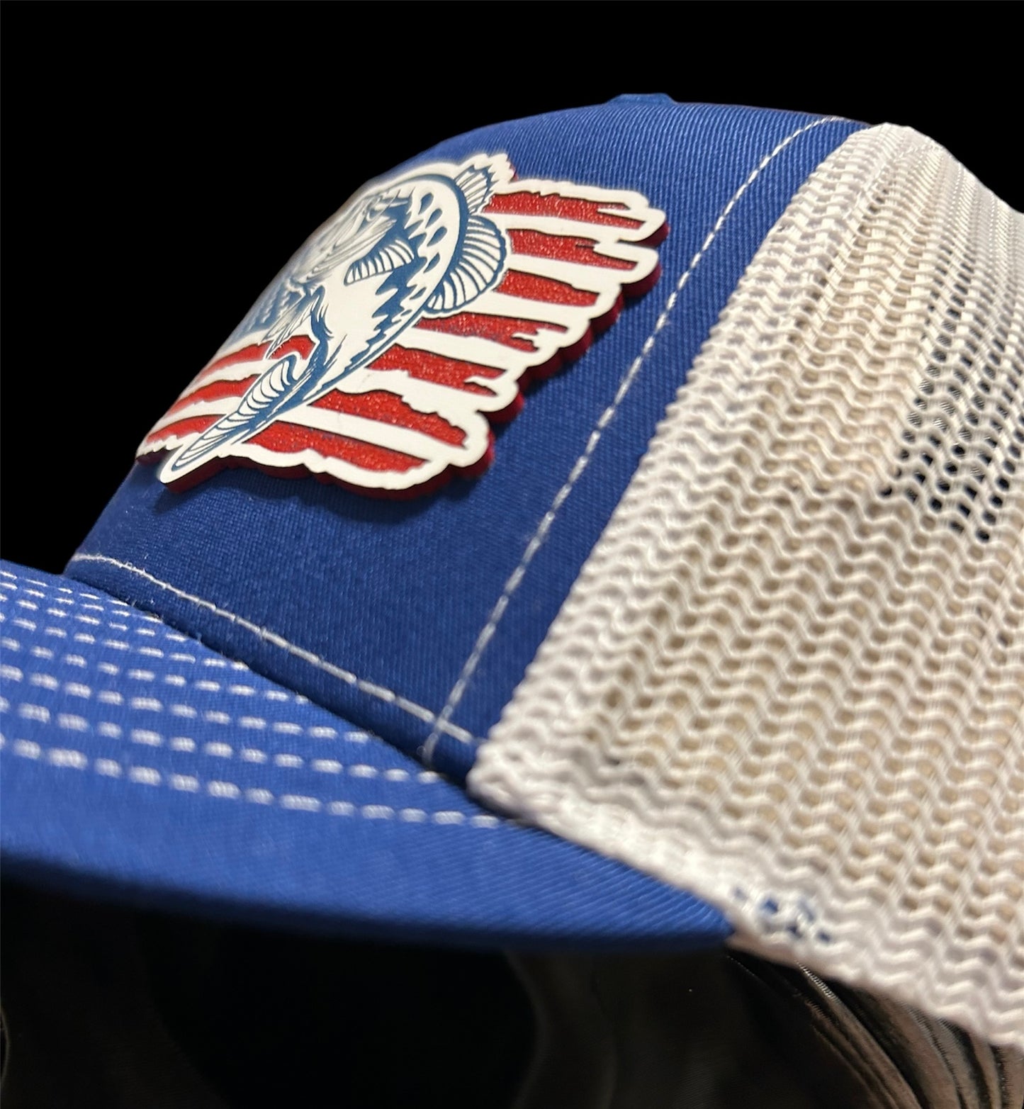 Richardson 112 Royal Blue & White trucker hat with american flag with bass patch hat