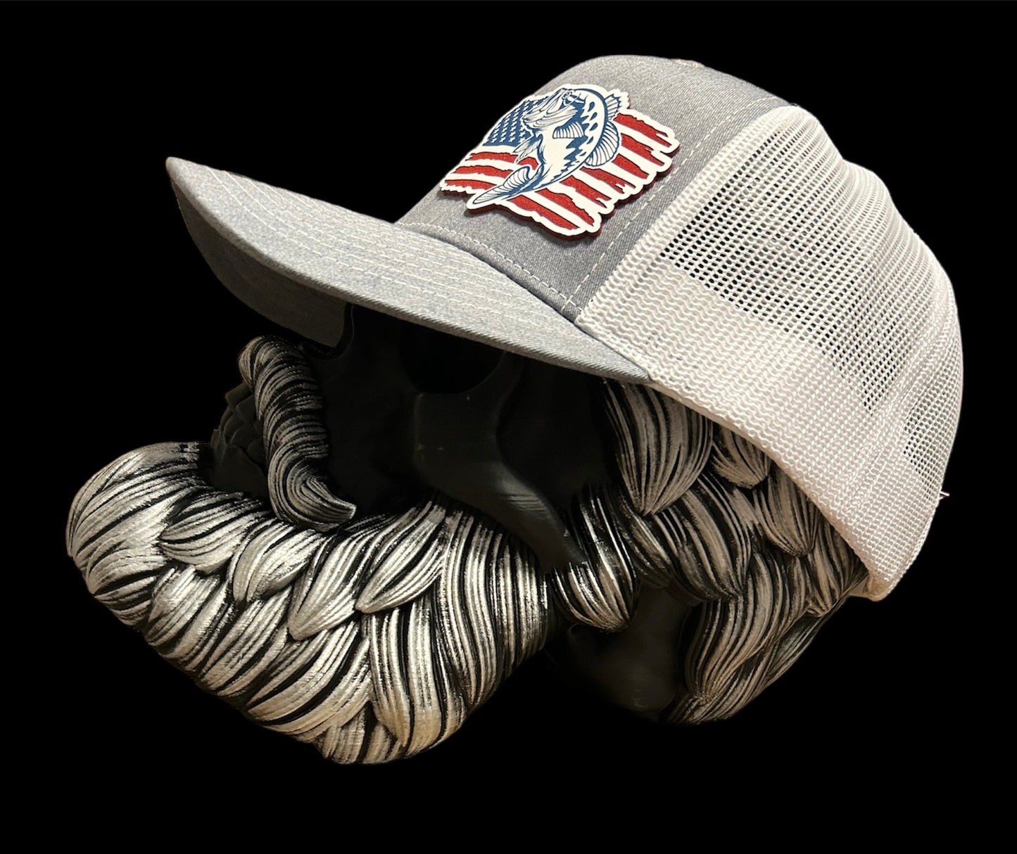 Richardson 112 grey & white trucker hat with american flag with bass patch hat