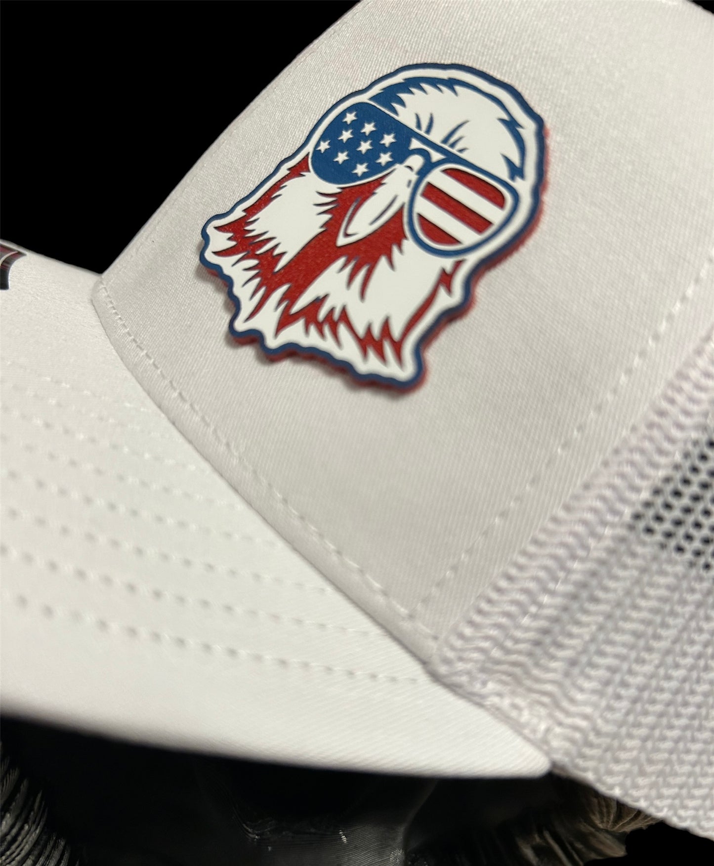 White Richardson 112 trucker hat with acrylic American Eagle Patch