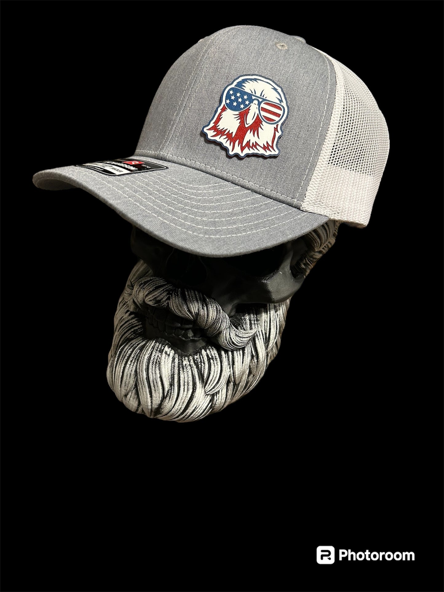 Richardson 112 Grey and White trucker hat with acrylic American Eagle Patch