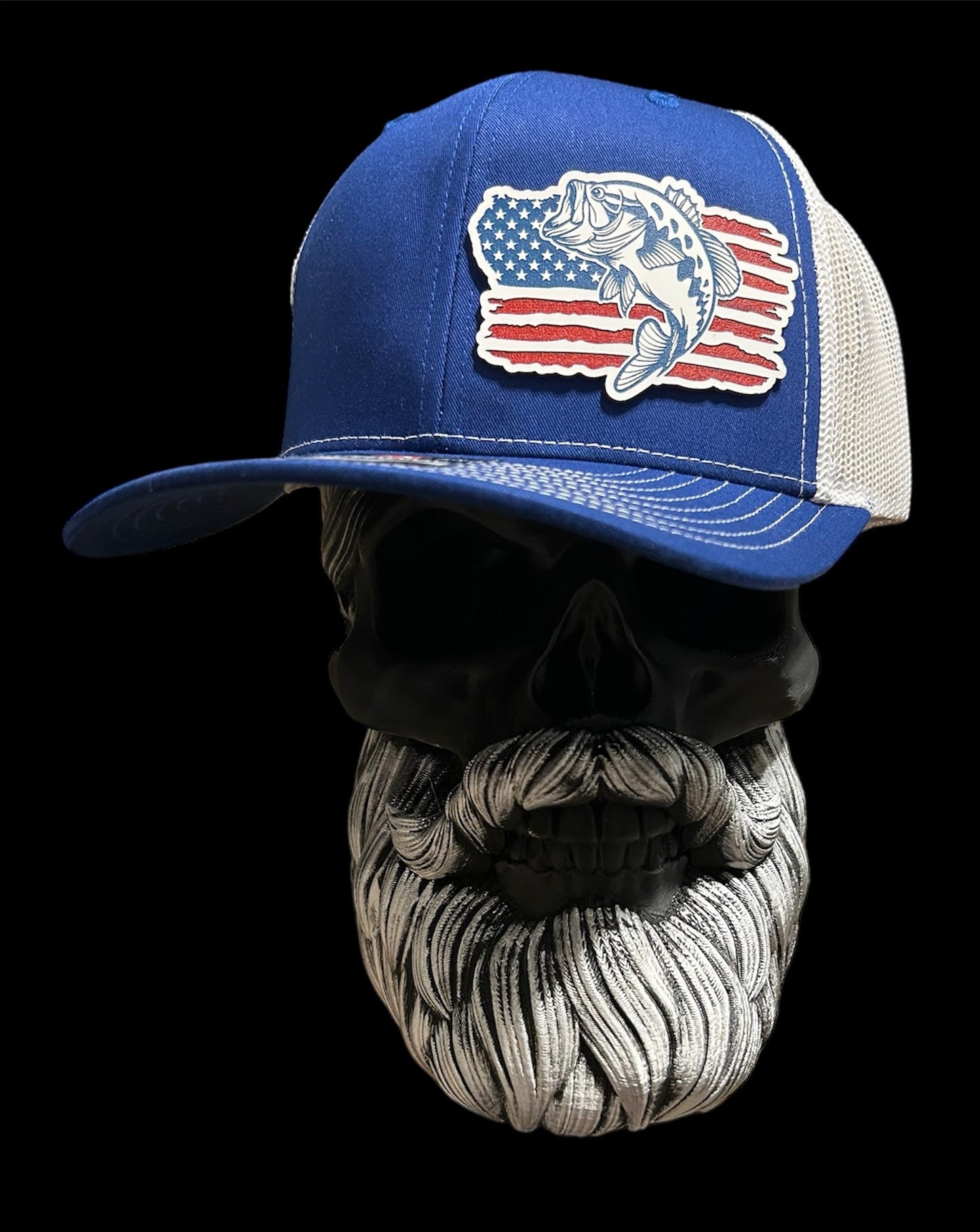 Richardson 112 Royal Blue & White trucker hat with american flag with bass patch hat