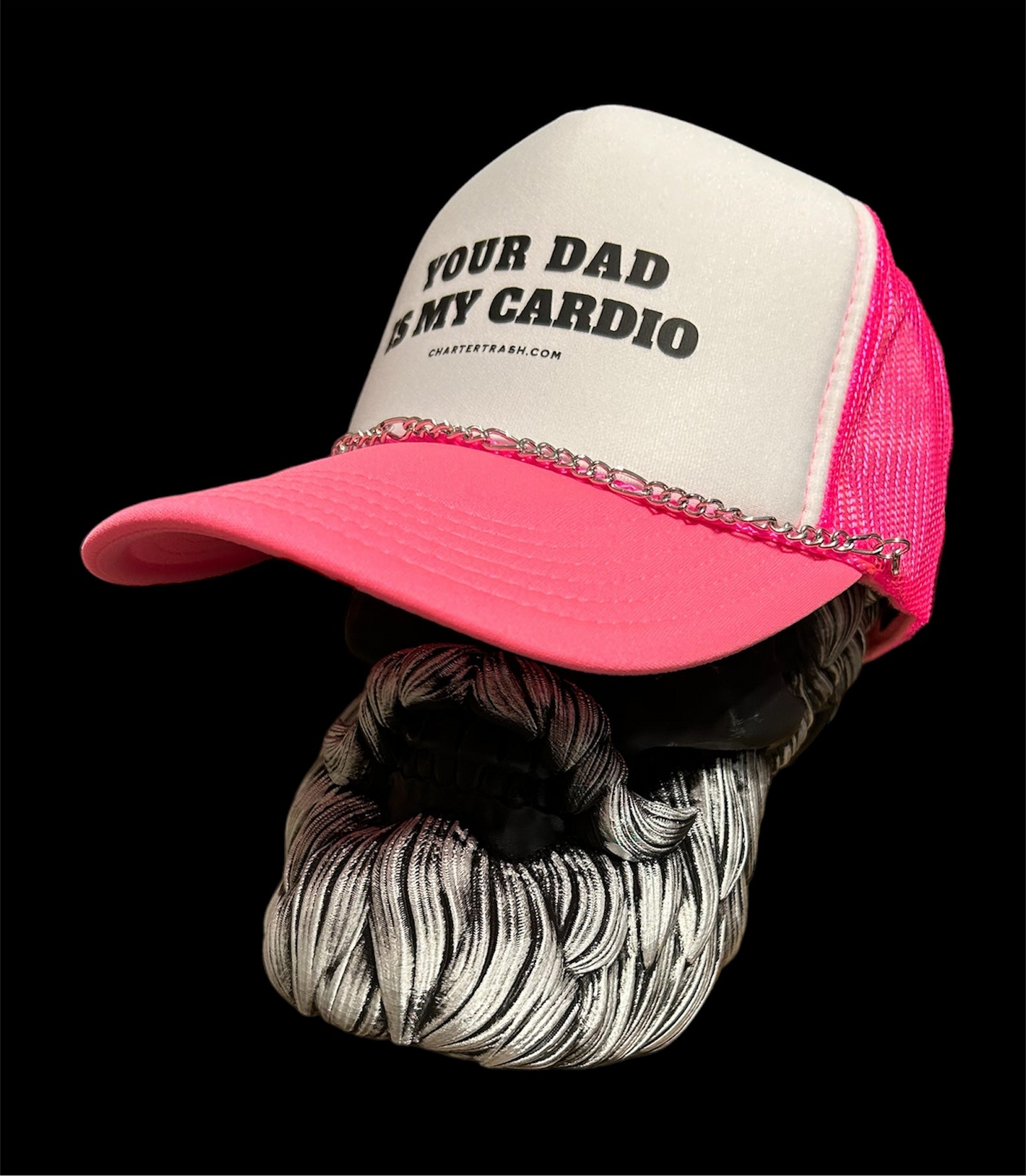 Your dad is my cardio OTTO Pink & white foam front trucker hat WITH CHAIN