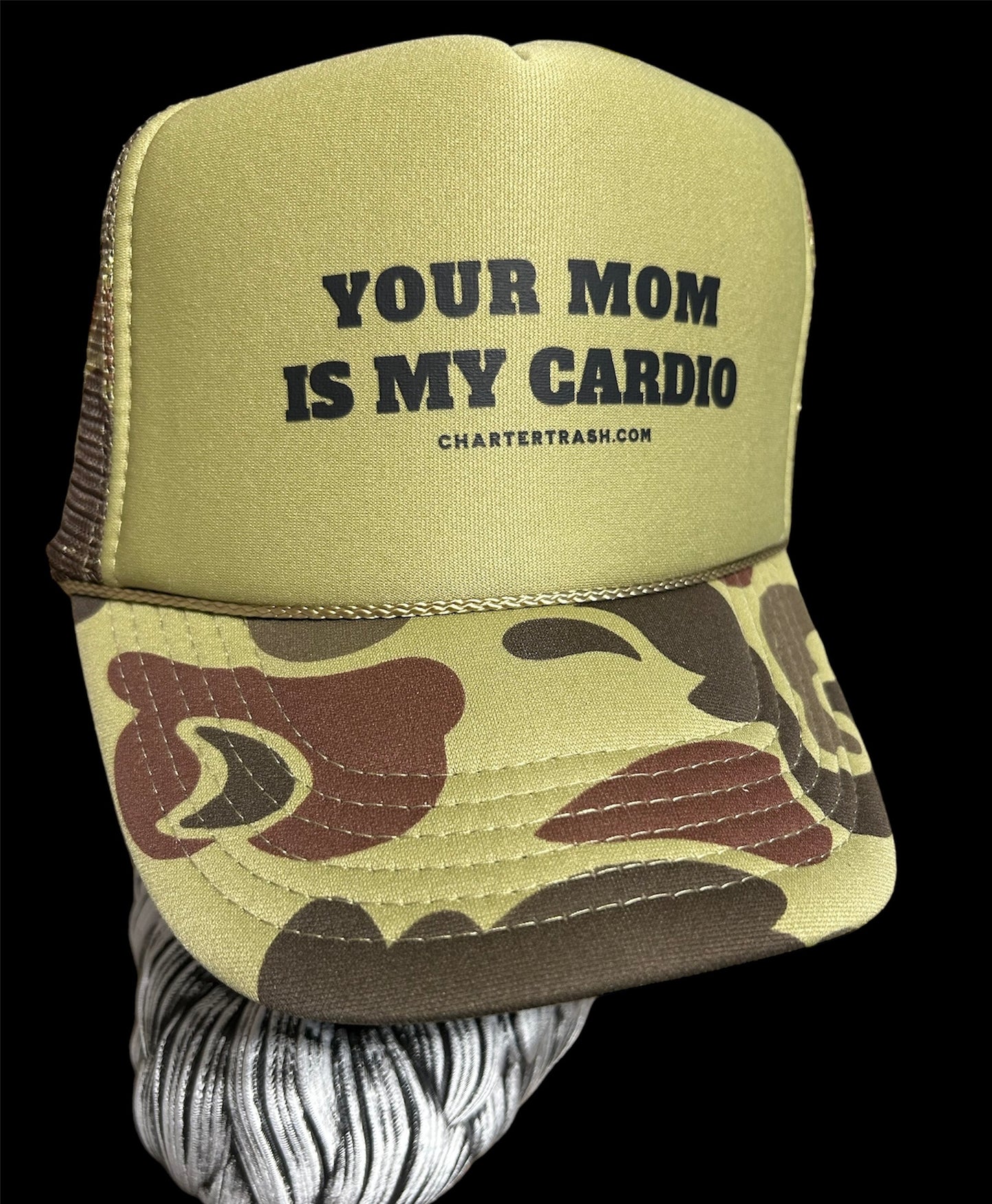 Your Mom is My Cardio, old school green camo foam front trucker rope hat