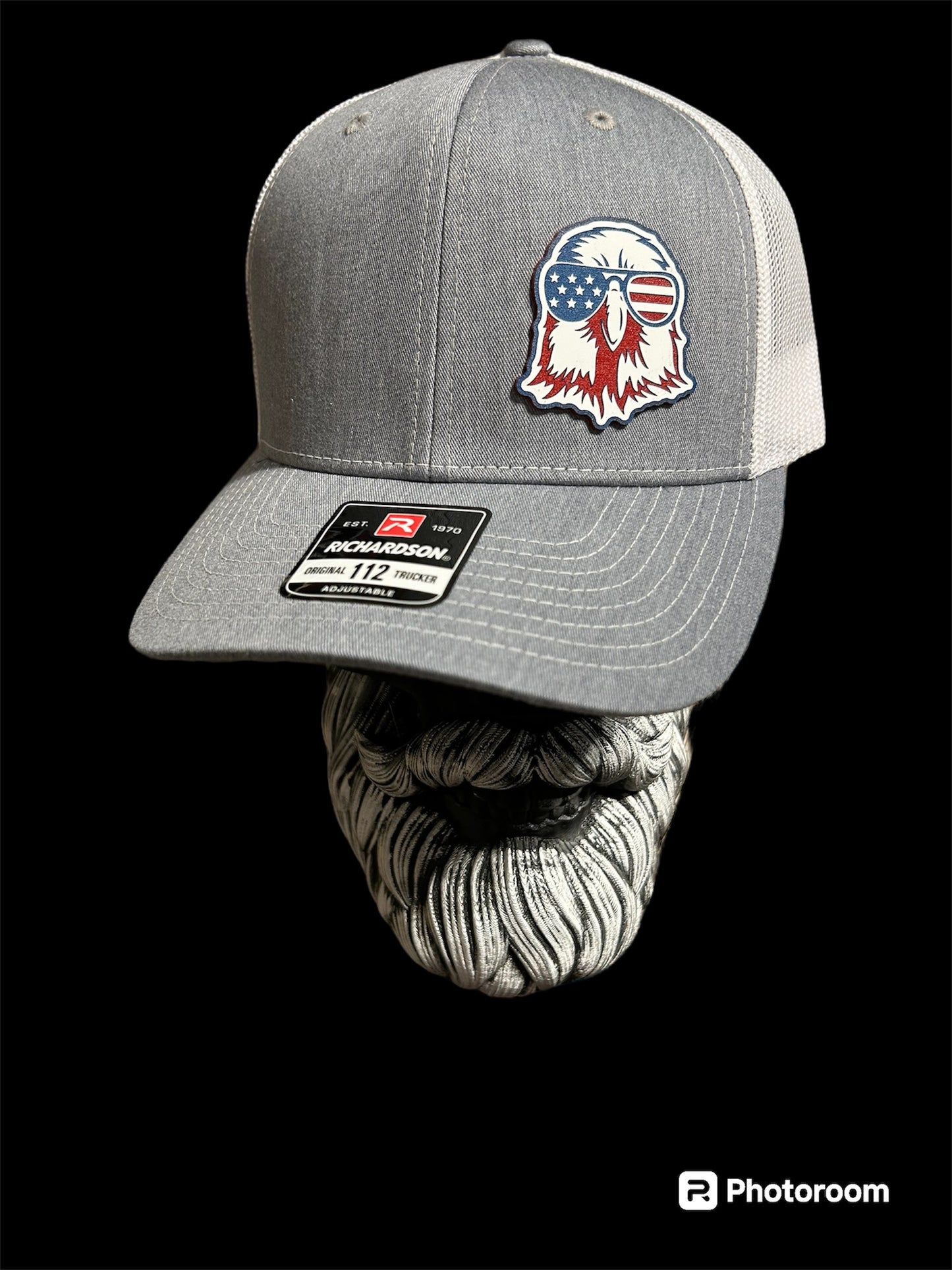 Richardson 112 Grey and White trucker hat with acrylic American Eagle Patch