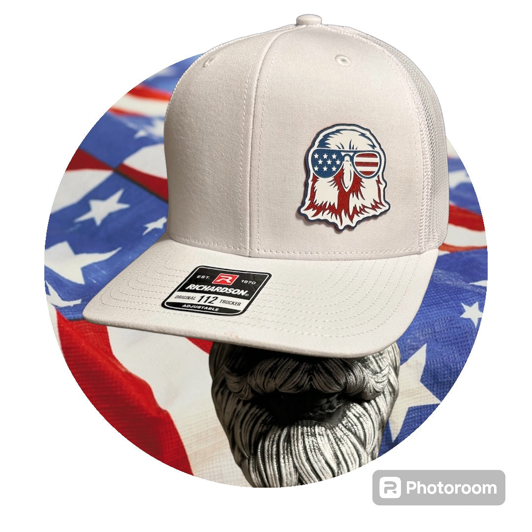 White Richardson 112 trucker hat with acrylic American Eagle Patch