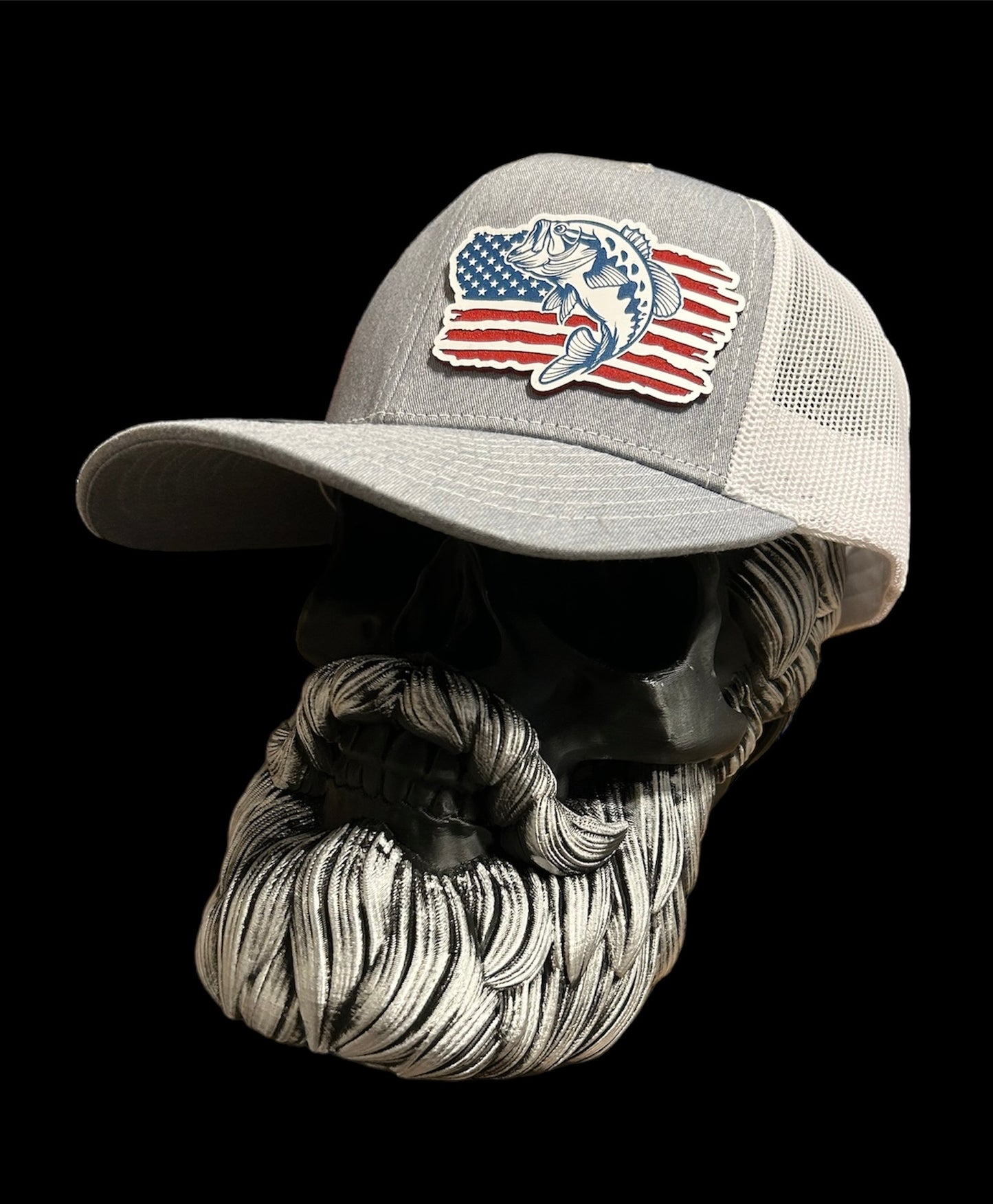 Richardson 112 grey & white trucker hat with american flag with bass patch hat