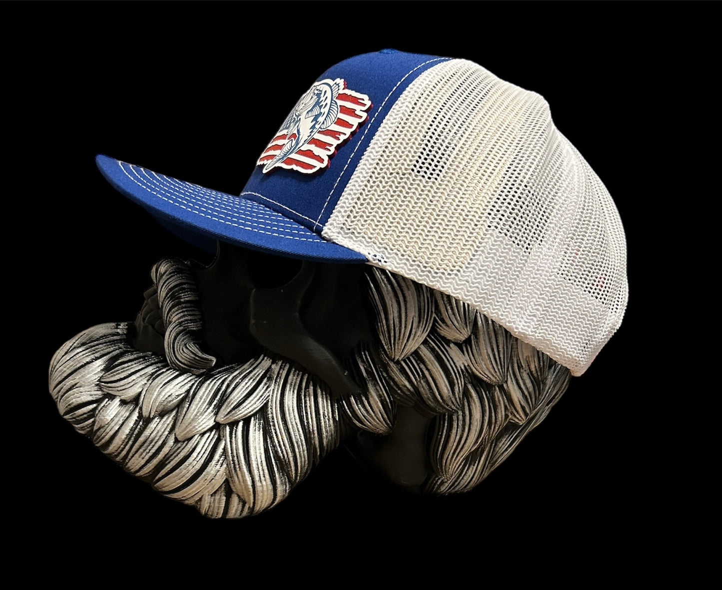 Richardson 112 Royal Blue & White trucker hat with american flag with bass patch hat