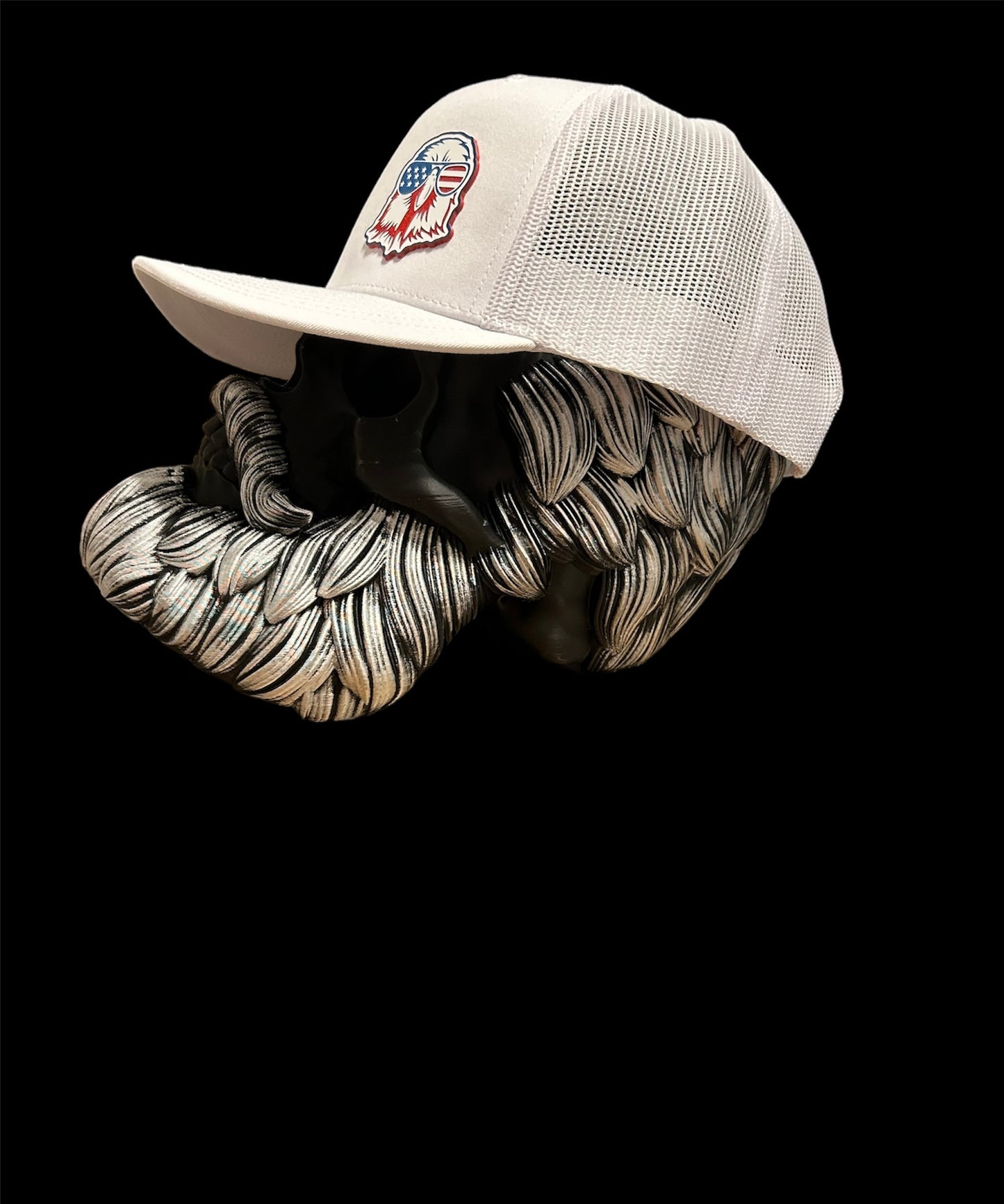 White Richardson 112 trucker hat with acrylic American Eagle Patch