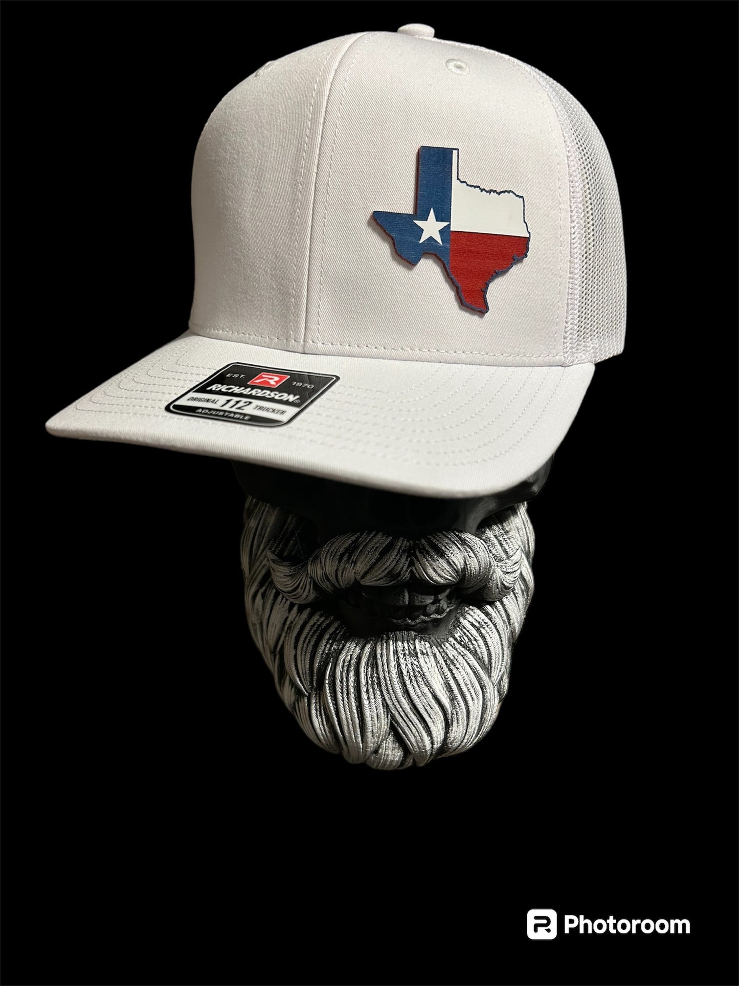 Richardson 112 White on White trucker hat with acrylic Texas Patch