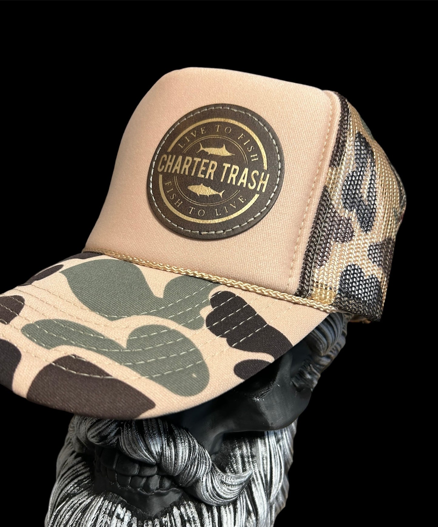 Tan camo foam front trucker rope hat with brown & gold OG logo patch.