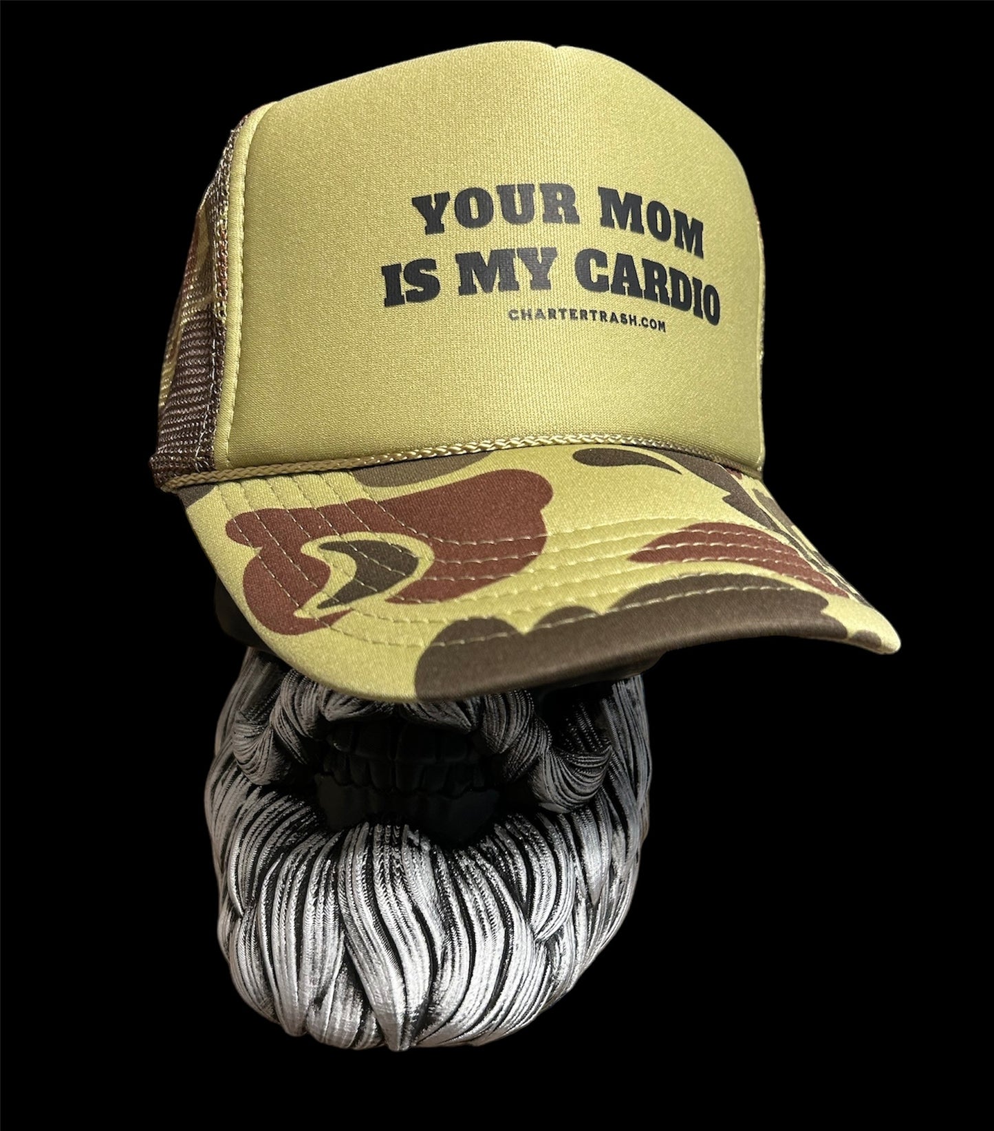 Your Mom is My Cardio, old school green camo foam front trucker rope hat