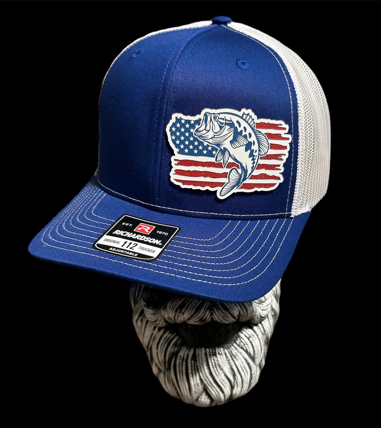 Richardson 112 Royal Blue & White trucker hat with american flag with bass patch hat