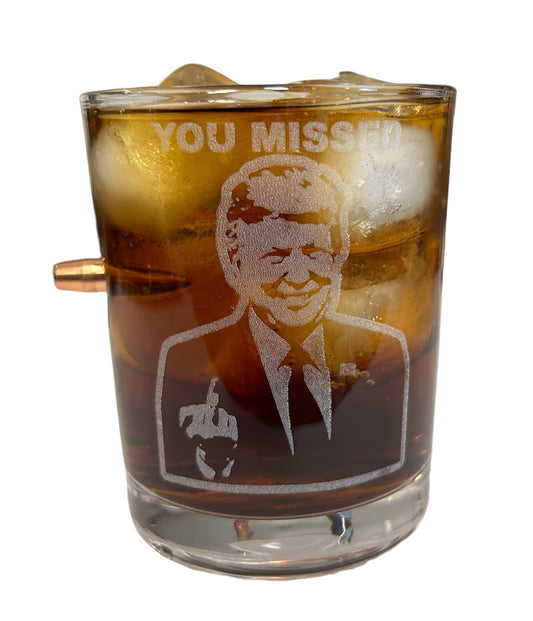 "You Missed" TRUMP Rocks glass - embedded bullet