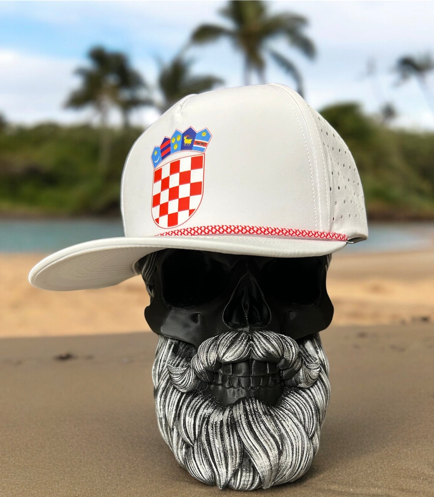 Croatian Crest, White Hudro water resistant performance hat with red & white rope