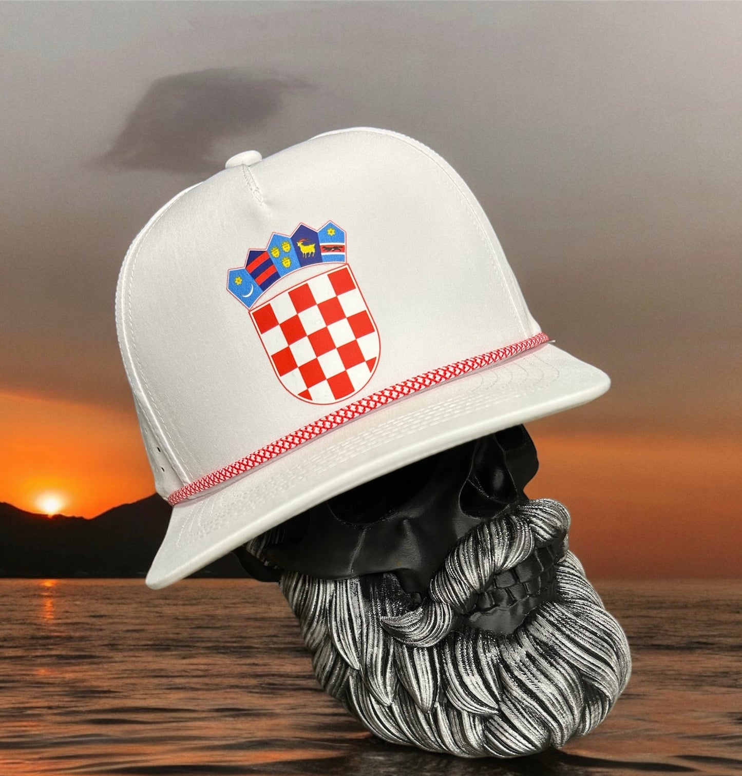 Croatian Crest, White Hudro water resistant performance hat with red & white rope