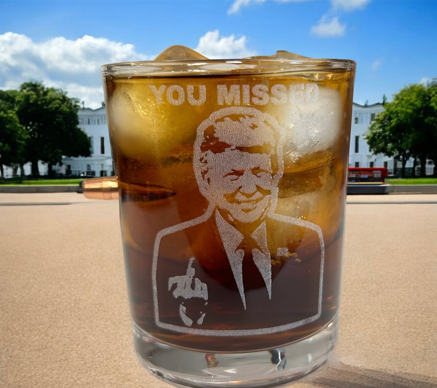 "You Missed" TRUMP Rocks glass - embedded bullet