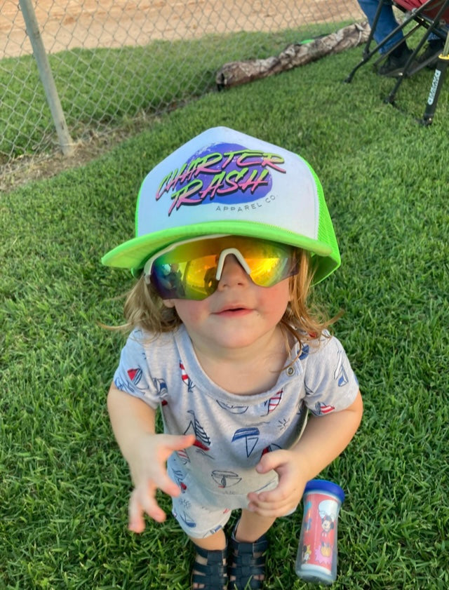 Neon Green & White foam front trucker rope hat with Totally 80's Charter Trash logo