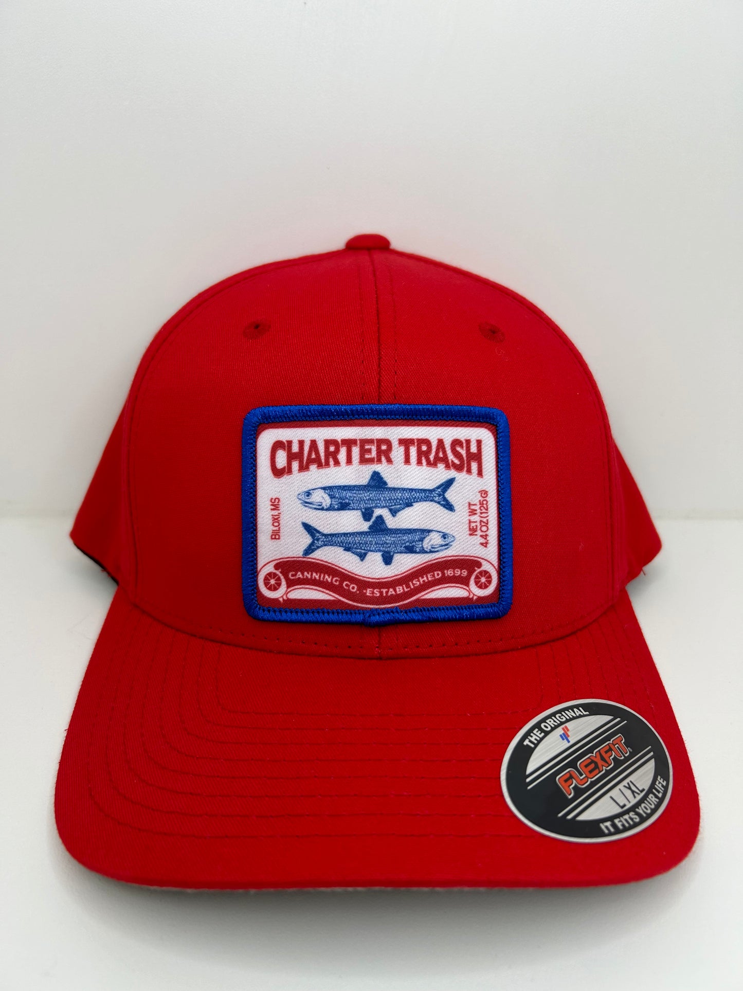 Yupoong original Flex Fit, Red, sizw L-XL, Sardine can logo patch hat