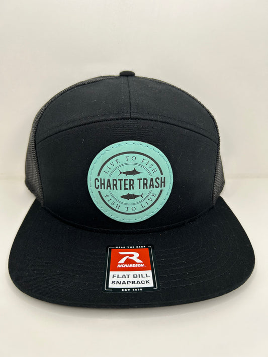 Richardson 168 Black flat bill, OG logo seafoam Leather Patch hat