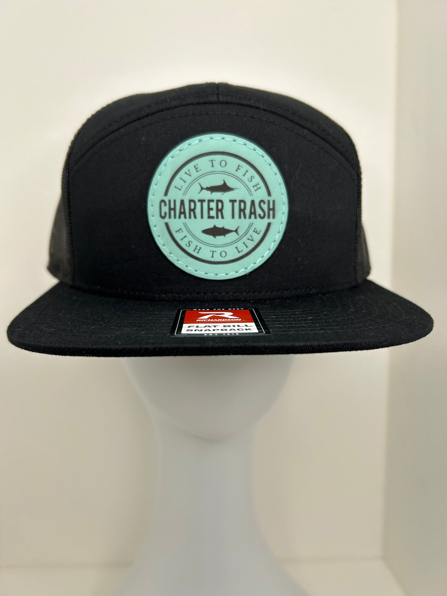 Richardson 168 Black flat bill, OG logo seafoam Leather Patch hat